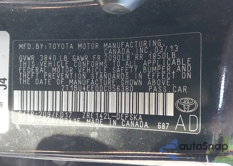 2013 Toyota Corolla S from USA, damaged, VIN 2T1BU4EE0DC056380